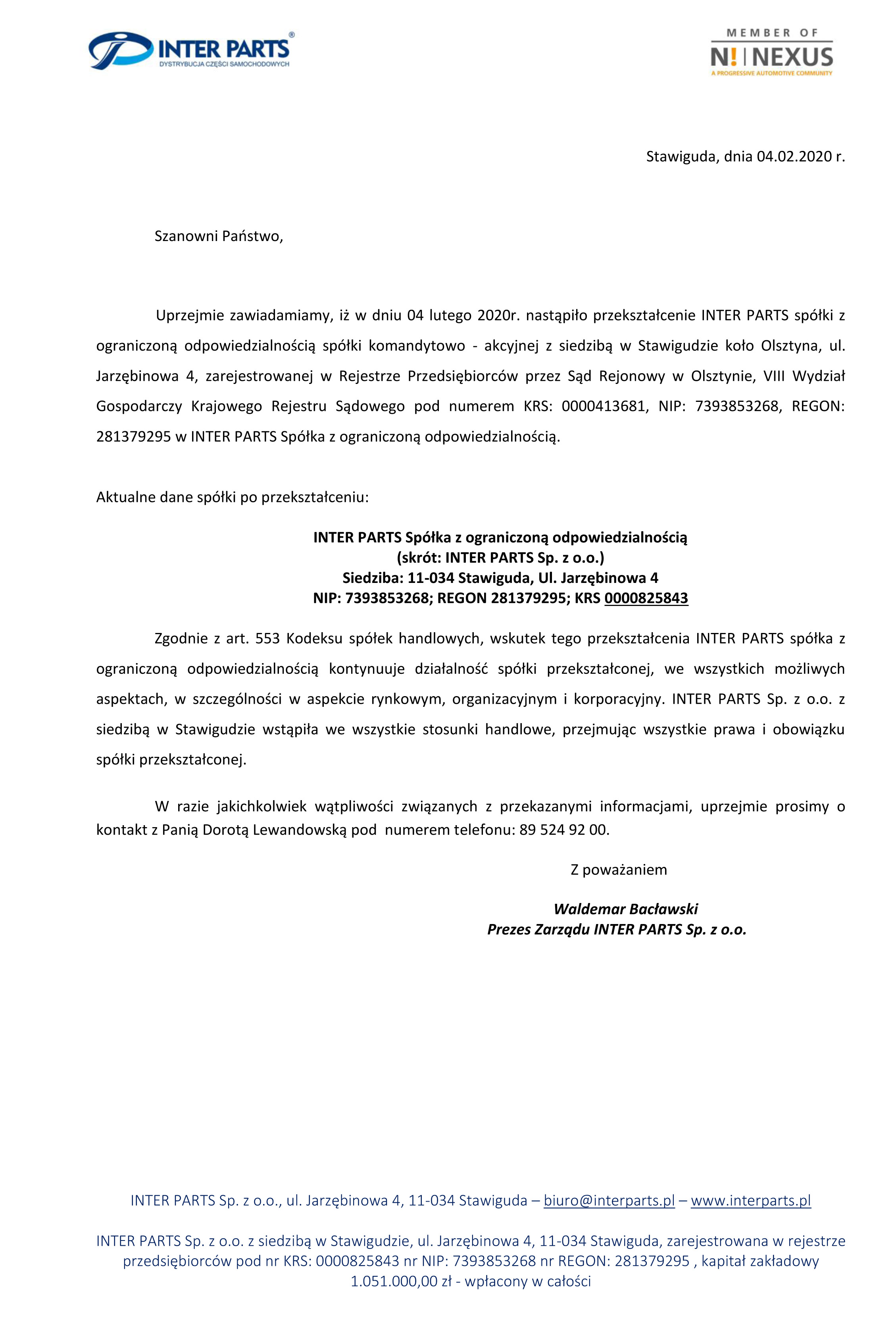 Informacja o przekształceniu spółki w Inter Parts Spółka z ograniczoną odpowiedzialnością